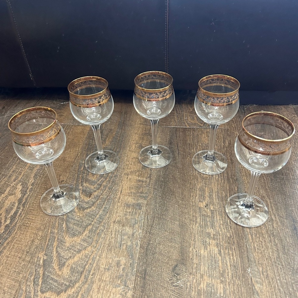 Vintage Gold Rim BOHEMIA CRYSTAL-CRYSTALEX Wine Glasses Set of 5 Ribbed Stem MCM